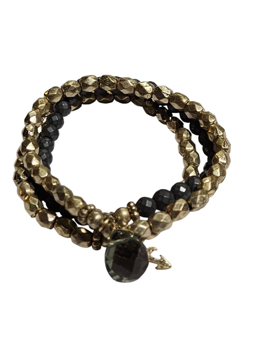 3 Strand Beaded Stretchy Bracelet Goldtone Grey Teardrop 6.75 inches Unstretched